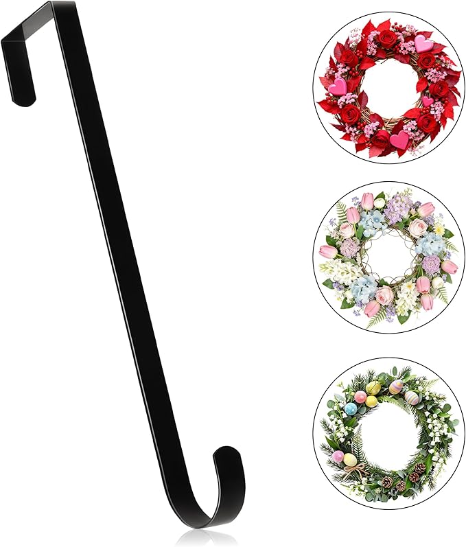 MCFULL Wreath Hangers for Front Door Valentines Day Decorations,12 in Black Wreath Door Hanger Hook,Over The Door Hooks for Front Porch Decor,Metal Garland Holder for Valentines Spring Wreath Decor