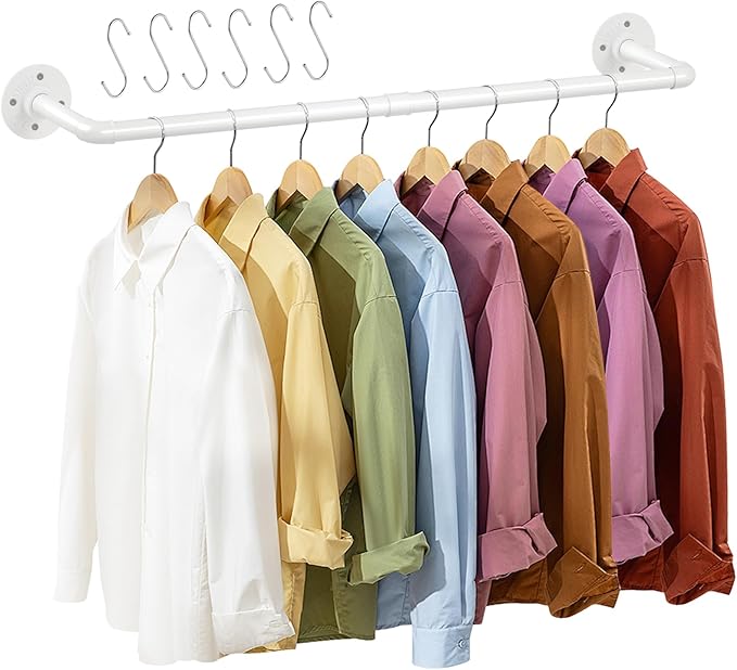 ERYTLLY Industrial Pipe Wall Mounted Clothes Rack,38 Inches Heavy Duty Detachable Garment Rack,Multi-purpose Hanging Rod for Closet,White