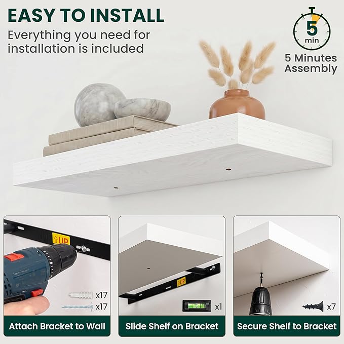 Floating Shelves for Wall 32 in x 9.3 in Deep, Wall Mounted Rustic Wood Shelf with Invisible Brackets for Storage & Display, Living Room Bedroom Bathroom, White, 2 Pack