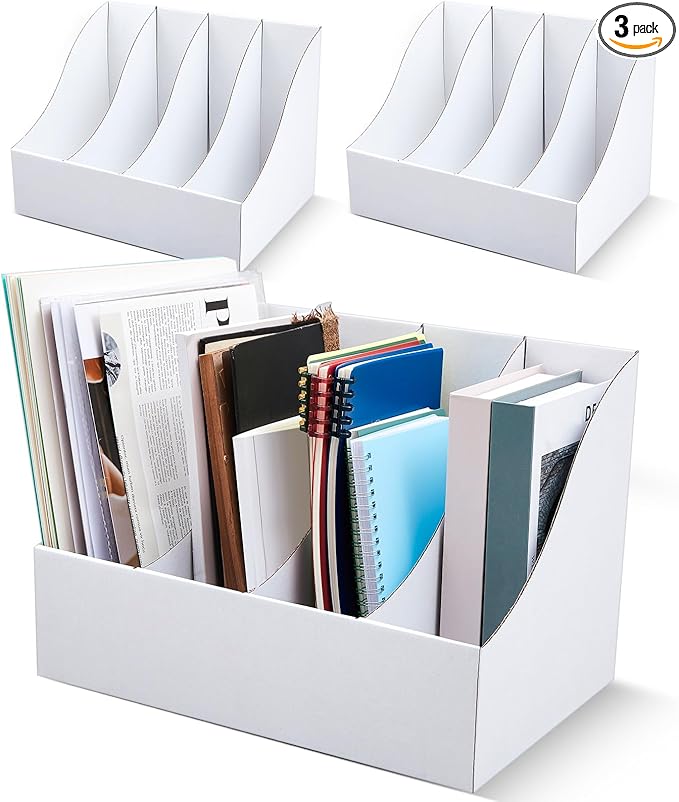 3 Pack Cardboard Magazine File Holders 12 Grids Vertical Book Bins 10.6'' x 10.2'' x 14'' Magazine Document Storage Box for Desk Shelves Home Office Classroom Library Use (White)