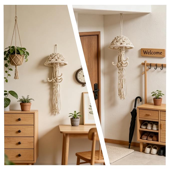 Macramé Wall Hanging, Rope-Woven Jellyfish Decor, Dream Catchers, Creative Wall Decor Accents (White)