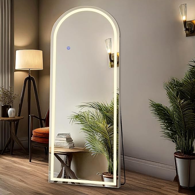 DUMOS Arched LED Full Length Floor Mirror, 63"x20" Full Body Standing Mirror with Lights, 3 Color Lighting, Hanging or Leaning, Wall Mounted, Modern Simple Home Wall Decor, White