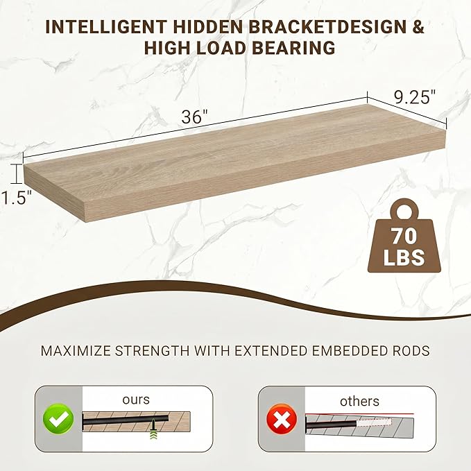 Acovy 36 Inch Floating Shelves, 3D Textured Wood Grain, 36"x9.25"x1.5" Inch Deep Floating Shelves for Wall, Wooden Shelves for Bathroom, Bedroom, Living Room, Vintage White Oak, 2 Pieces