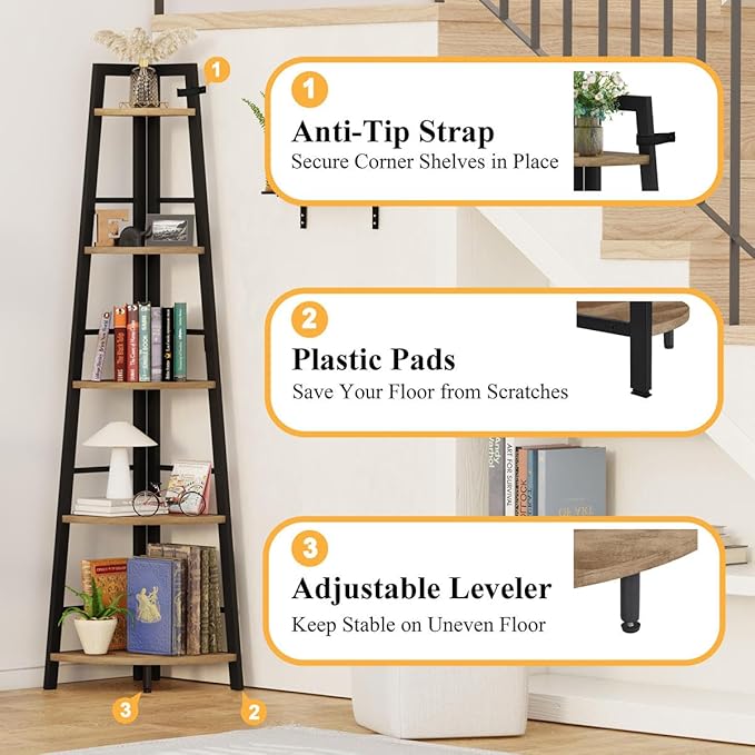 BON AUGURE Corner Ladder Shelf, 5 Tier Metal Wood Corner Bookshelf, Tall Shelving Unit Shelf Plant Stand for Living Room, Home Office, Bathroom (Vintage Oak)