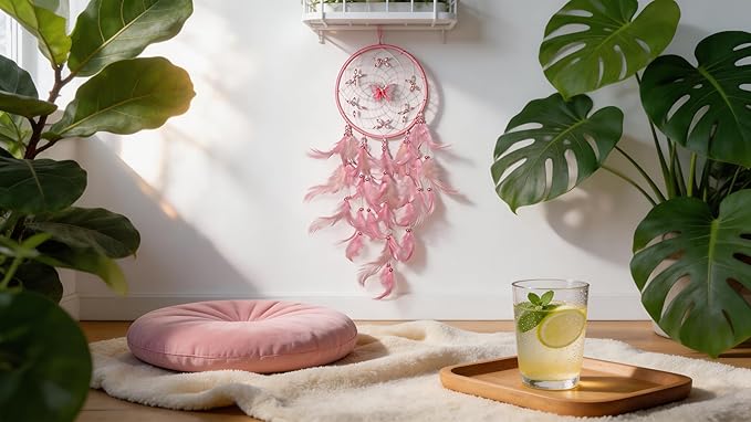 Dream Catcher for Girls – Butterfly Center, Pink & White Mixed Feathers & Clear Beads, Pink Decor for Bedroom, Comes with a Decorative Box & White Raffia