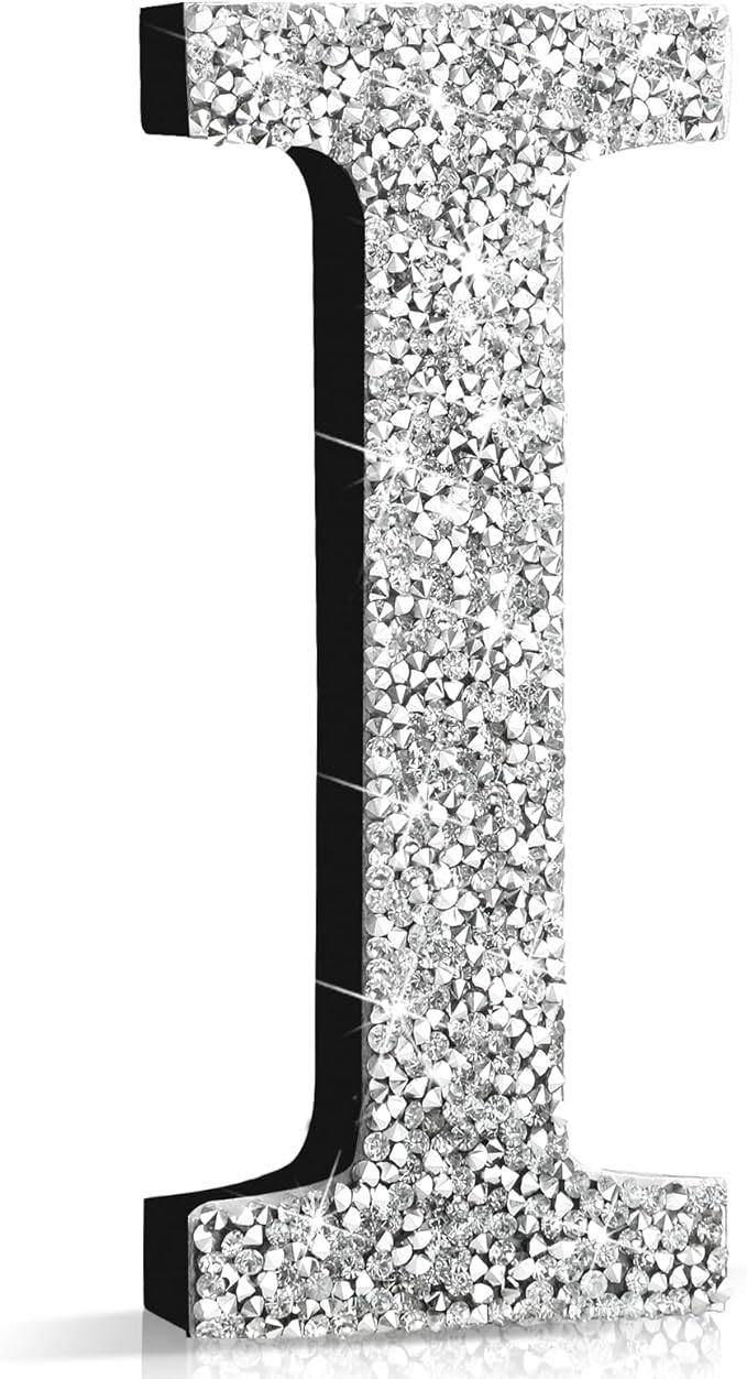 Qunclay 8'' Silver Crystal Diamond Bling Letters Crushed Diamond Decoration Wooden Glitter Letter with Screw and Hooks Rhinestone Gift for Wedding Y2k Mcbling Bedroom Wall Decor (Letter I)