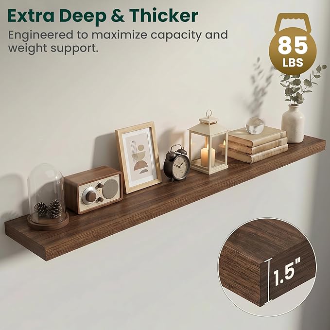 Floating Shelves for Wall 72 in x 9.3 in Deep, Wall Mounted Rustic Wood Shelf with Invisible Brackets for Storage & Display, Living Room Bedroom Bathroom, Walnut, 1 Pack