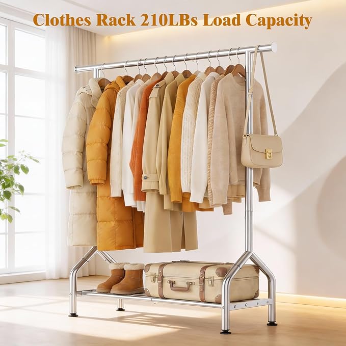 EAGMAK Sturdy Clothing Racks for Hanging Clothes – Metal Clothes Rack with Shelf, Portable Garment Rack for Closet Storage, Laundry Drying & Small Space Clothes Organization, Silver