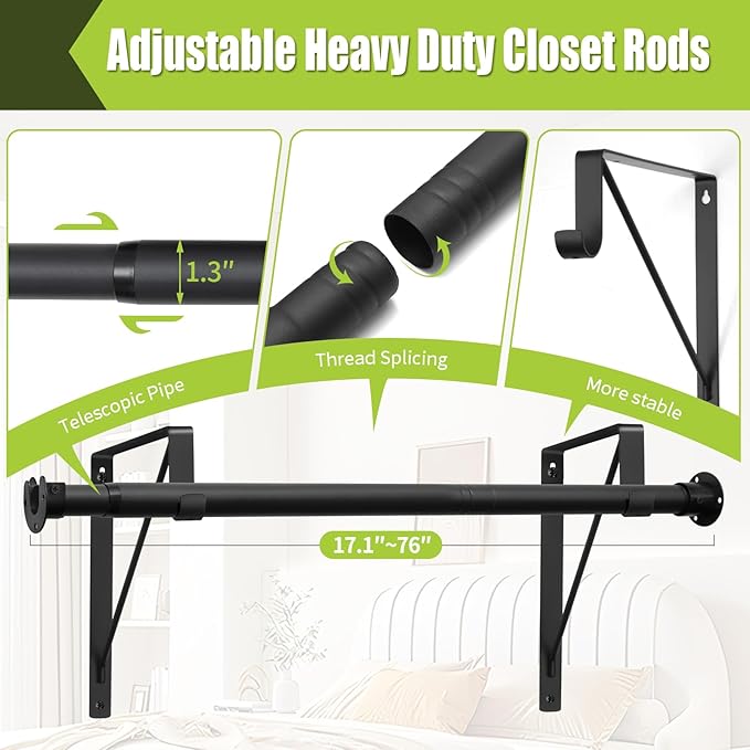 Closet Rod, 17 to 87 Inch Closet Rods 1.3 Inches Heavy Duty Closet Rod Adjustable Closet Rod Closet Rods for Hanging Clothes and Heavy Duty Clost Rod Bracket Closet Rod Support (Black)
