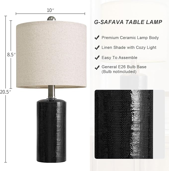 G-SAFAVA 20.5" Small Table Lamps for Living Room Lamp Set of 2 Ceramic Lamps for Bedroom Bedside Lamps Modern Boho Lamps for Night Stands Farmhouse Nightstand Lamp Side End Table Lamp, Black