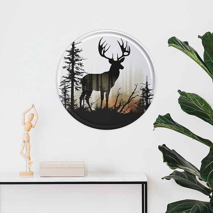 Wall Picture, with Deer Silhouette Printed Circular Iron Hanging Picture,Wall Art Decor,Home for Bedroom Living Room Bathroom Decor,Iron Painting 11.8X11.8 in