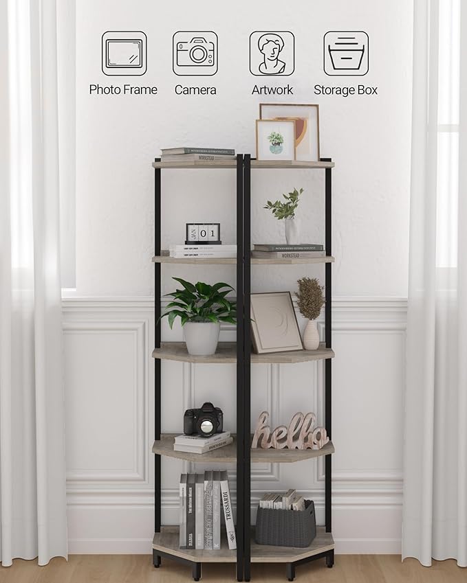 Hzuaneri Corner Shelf Stand, Corner Bookshelf, Storage Standing Shelf Unit with Metal Frame, Plant Stand, Bookcase for Living Room, Home Office, Bedroom, 5-Tier Greige CS05905B