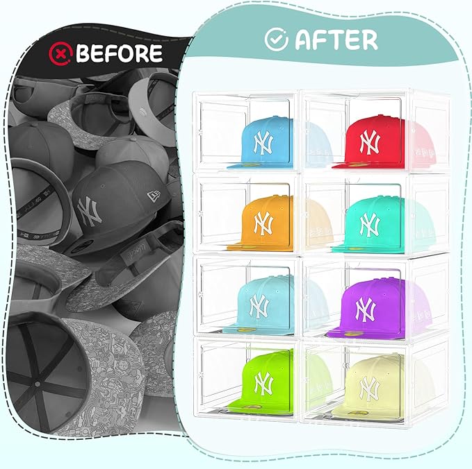 6 Pack Hat Organizer Box, Stackable Clear Baseball Caps Holder Box Containers with Magnetic Door for Hats Snapback Cap Storag, Hat Rack Display Case, Holds 8 Hats Each (Clear)