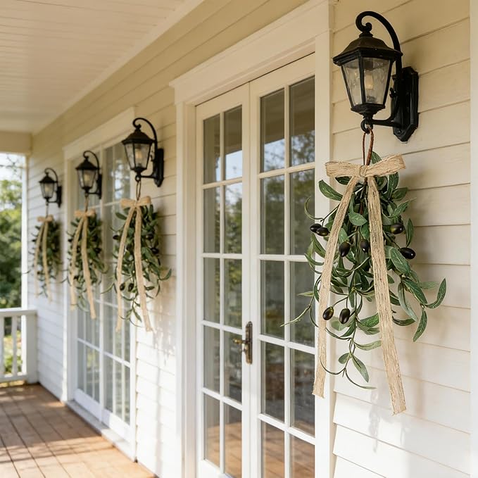 6 PCS Spring Summer Teardrop Swag Chandelier Rings Wreaths Decoration with Bow Artificial Green Olive Sconce Lighting Swag Wreath Greenery Candlestick Wreath for Farmhouse Wall Cabinet Holidays Decor