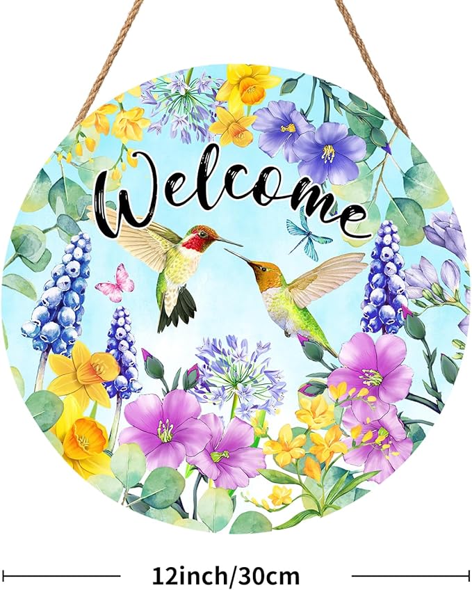 Welcome Spring Summer Hummingbird Front Door Sign Decor 12"x12" Spring Floral Flowers Wood Door Hanger for Outdoor Outside Porch Seasonal Farmhouse Wooden Wreath Wall Hanging Sign for Home Yard