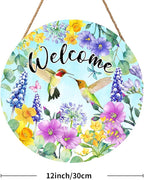 Welcome Spring Summer Hummingbird Front Door Sign Decor 12"x12" Spring Floral Flowers Wood Door Hanger for Outdoor Outside Porch Seasonal Farmhouse Wooden Wreath Wall Hanging Sign for Home Yard