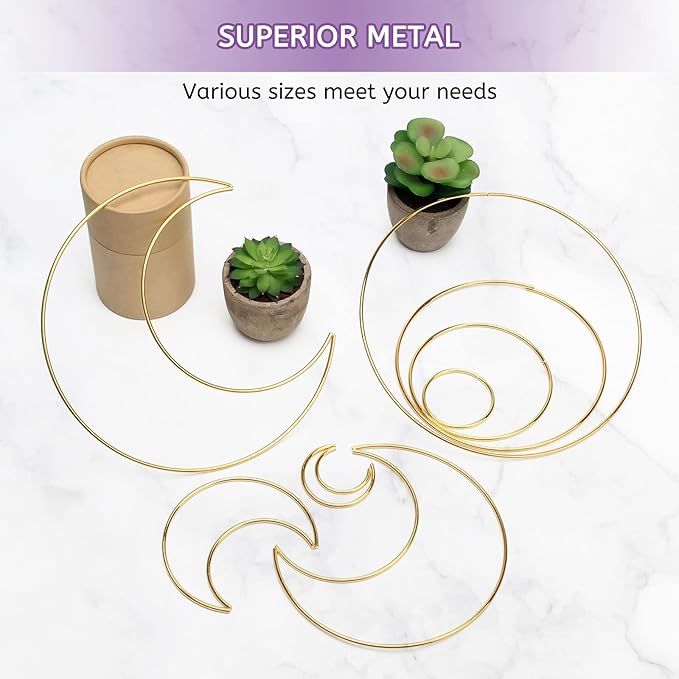 8Pcs Gold Macrame Dream Catcher Rings Metal Hoops DIY Floral Macrame Hoop for Wall Hanging Crafts 4 Size Wreath Ring for Wedding Wreath Decor (Circle and Moon)