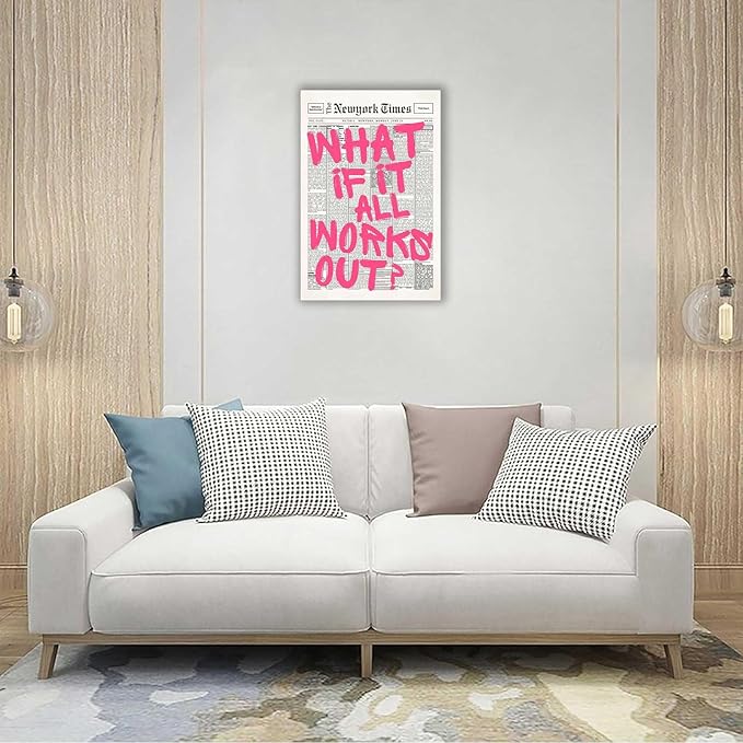 Drimiler Retro Newspaper Pink Font Poster What If It All Works Out Canvas Wall Art Positive Affirming Quote Minimalist Prints Painting For Home Bedroom Dorm Wall Decor 16x24in Wframed