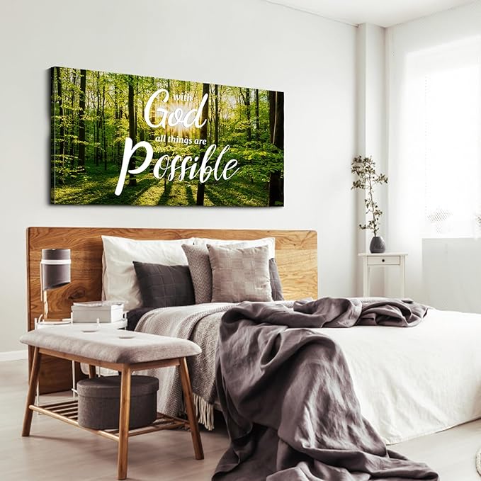 Christian Wall Art Nature Forest Pictures Wall Decor With God All Things are Possible Sign Canvas Prints Bible Scripture Poster Nature Religious Artwork for Living Room Bedroom Home Decoration 24x48"