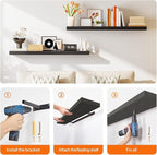 HOOBRO Floating Shelves for Wall, Wall Mounted Shelf Set of 2, 47.2" Hanging Shelf with Invisible Brackets, for Wall Decor Storage in Bathroom Bedroom Kitchen Living Room Office, Black BK120BJP201