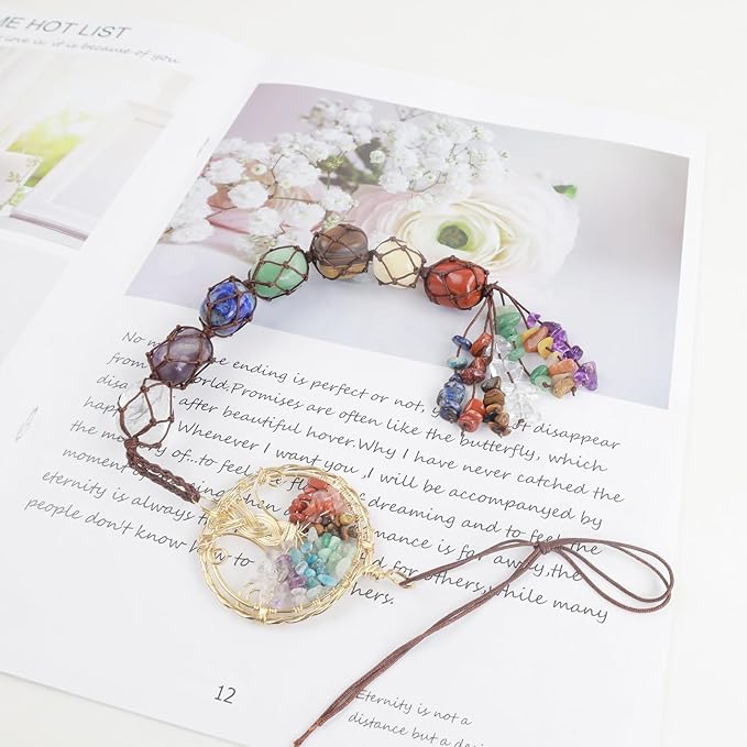 Handmade Crystal Window Car Hanging Ornaments 7 Chakra Home Decoration Feng Shui Ornament Yoga Meditation Car Decoration Tumbled Palm Stones (Style9)