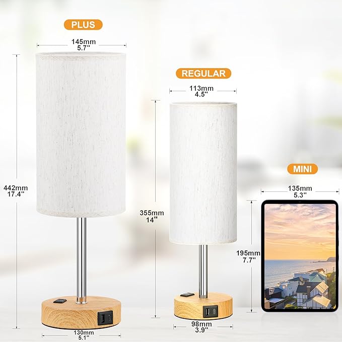 PartageiZ 17.4Inches Tall Touch Bedside Table Lamps Set - 3 Way Dimmable Bedroom Lamp with USB C Ports, Small Desk Lamps for Nightstand with AC Outlet for Dorm/Bathroom/Kitchen/Living Room