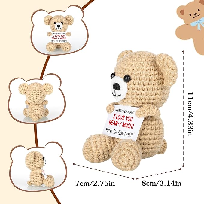 WELLBANEE Mini Crochet Bear Gifts for Her Him, Wife Husband Girlfriend Boyfriend I Love You Gift, Crochet Stuffed Animal, Anniversary Birthday Gifts, Handmade Bear Small Stuff Things