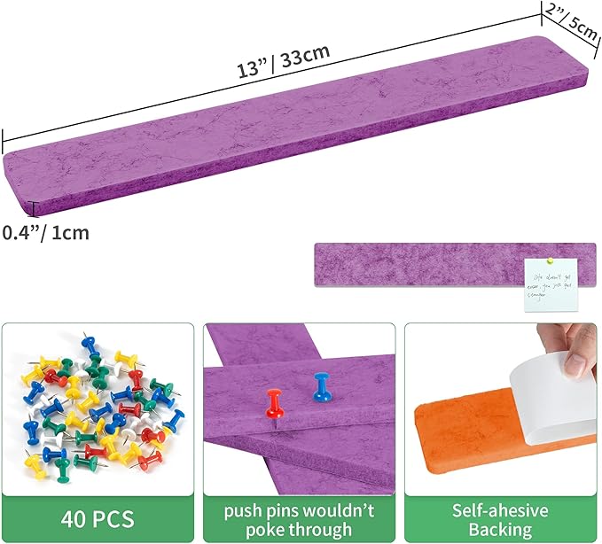 Cork Board for Walls - 8 Pack Felt Pin Board Bar Strips - Self-Adhesive Lightweight Bulletin Board - Cork Board for Office with 40 Push Pins No Damage for Wall (Rose)