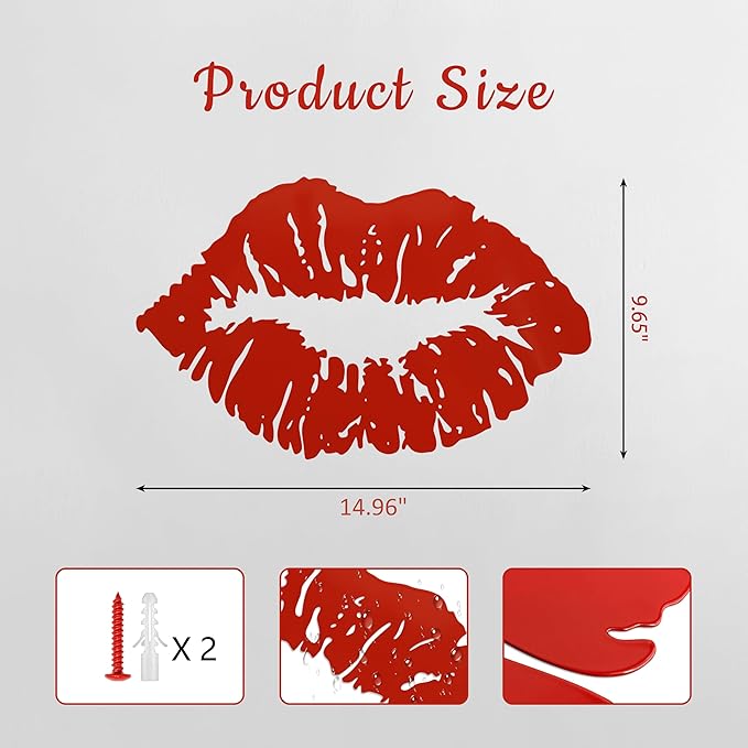 Metal Red Kiss Lips Wall Art Girl Room Decor Kiss Lips Farmhouse Decor for Living Room, Bathroom, Powder Room, Bedroom, Office, 15.0 x 9.6 Inches