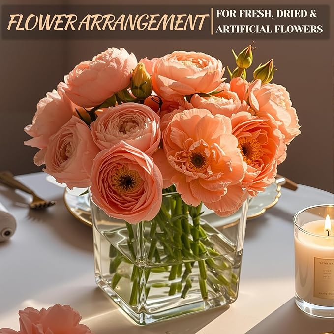 CONNOO 6 Pack Square Glass Vase 5" x 5" x 5", Clear Bulk Flower Vases for Centerpieces, Square Glass Cube Vase Floating Candle Holders for Wedding Party Home Decor