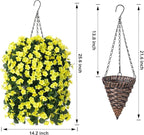 Artificial Faux Hanging Flowers Plants Baskets for Outdoor Outside, Fake Silk Yellow Orchid Trailing Vines in Planter Realistic UV Resistant for Balcony Porch Decor