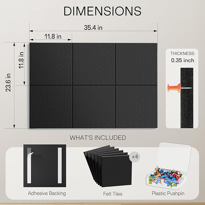 MaxGear Large Felt Bulletin Board 36" x 24", Cork Board Alternative, 6 Pack Black Felt Wall Tiles with Push Pins, Cork Boards for Walls Pin Board for Office & HomePanels