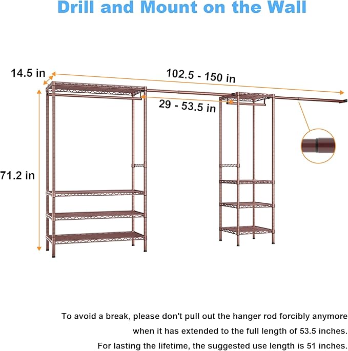 Ulif E11 Heavy-Duty Garment Rack, Metal Freestanding Clothes Rack and Closet Storage Organizer System with 8 Shelves and 4 Hanger Rods, (73.2-97.6)" W x 14.5" D x 71.2" H, Load 1034 LBS, Bronze