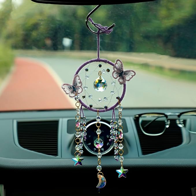 Artilady Dream Catcher for Girls - Purple Butterfly Small Dream Catchers with Crystals Cute Room Decor for Teen Girls Boys Boho Bedroom Wall Home Decorations Birthday Christmas Kids Baby Gifts