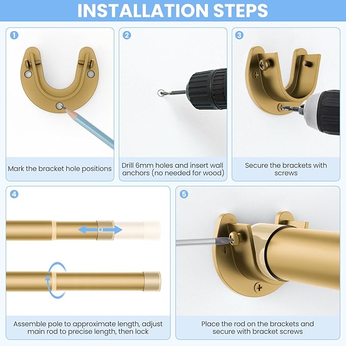 Closet Rods for Hanging Clothes, 17 to 54 Inch Heavy Duty Stepless Adjustable Closet Hanging Rod, 1.3 Inch Diameter Metal Closet Rod for Wardrobes Laundry Bedroom RV, Gold