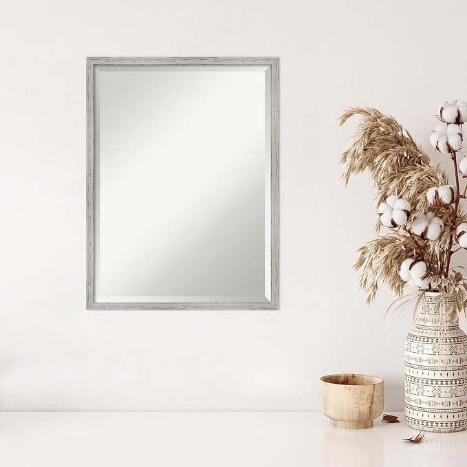 Amanti Art White Wall Mirror 25x19 Shiplap White Narrow Rectangle Bathroom Mirror for Wall Decor Living Room, Medium Cottage Wood Frame, Hangs Horizonally and Vertically, Bathroom Decor, Beveled Edge