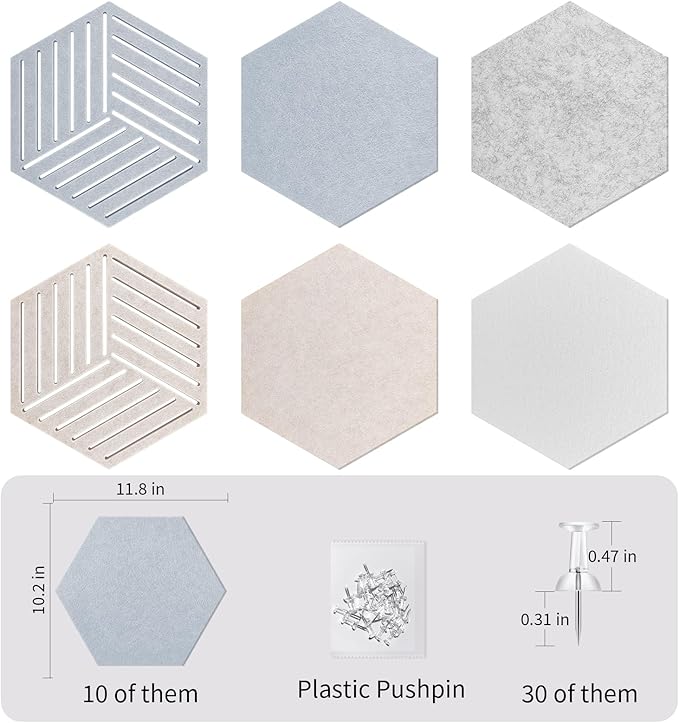 10PCS Hexagon Cork Board Tiles Alternative - 12x10 Inch Frameless Felt Bulletin Board for Wall, Adhesive Cork Board Tiles for Office & Home Decor, Sound Absorbing Pin Boards for Walls & Photos