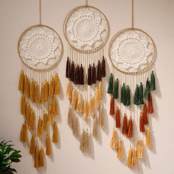 Artilady Macrame Dream Catchers for Bedroom - Tassel Wall Hanging Handmade Dreamcatchers Home Decor with Tassel Feather Ornament Craft Blessing Gift (Mix Brown)
