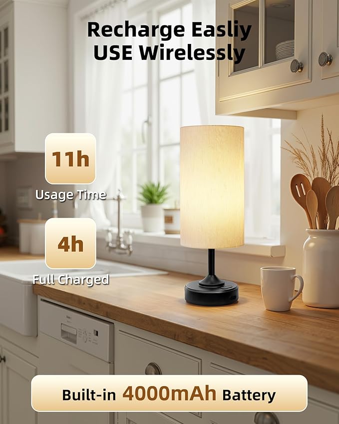 Wireless Lamp, 2-Pack, Ambient Light, Dimmable, 2700K, Timer, Touch Control, Portable, LED, Battery Operated, Rechargeable, Cordless, Desk Lamp, Kitchen Lamp, Fabric Shade, for Bedroom, Living Room
