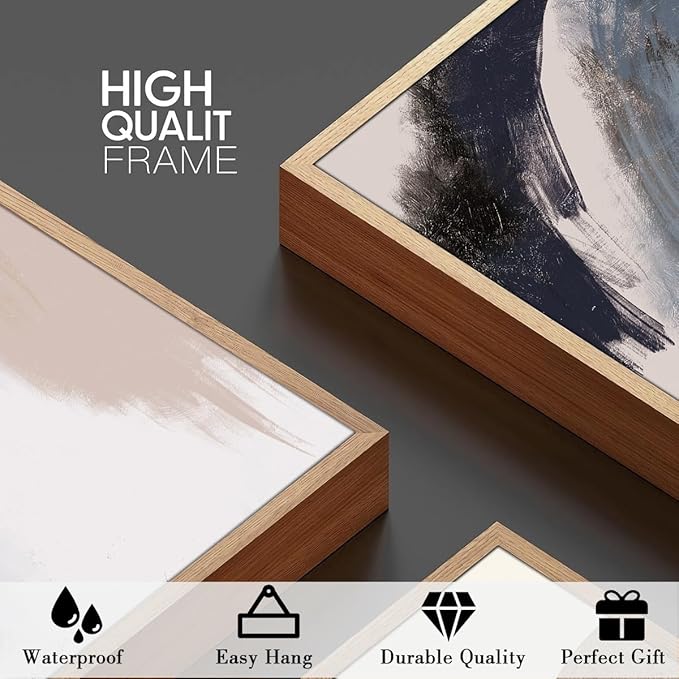 BINCUE Blue Neutral Wall Art Framed Modern Abstract Artwork Blue Abstract Wall Decor Modern Blue Wall Paintings Abstract Neutral Wall Pictures for Living Room Bedroom Office Bathroom 12" Lx16 W Set of 3