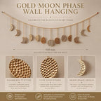 opulinea Moon Phase Garland Gold Hammered Metal - Celestial Boho Wall Hanging Decor Moon Phases Ornament for Bedroom Aesthetic Above Bed Living Room Home Decor