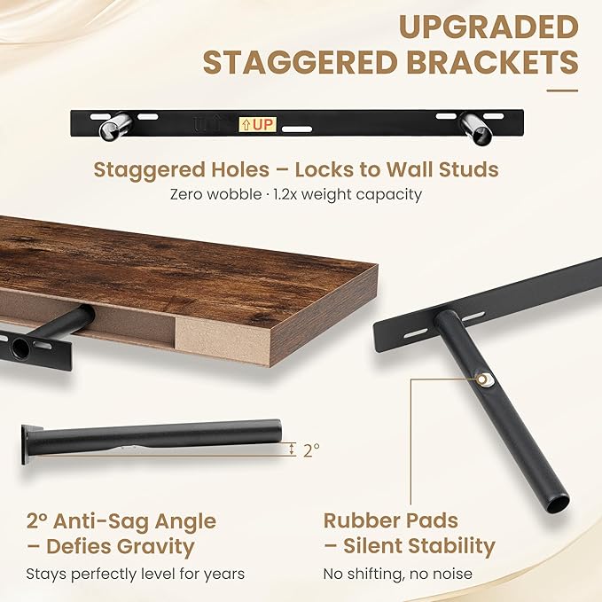 FLYJOE 24 Inch Long Floating Shelves for Wall Set of 2, 12" D Wood Grain Bathroom Shelves with Invisible Brackets, Easy Install Engineered Wood Storage Shelves for Kitchen, Living Room, Bedroom