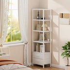 Furnulem 5-Tier Corner Shelf, Narrow Bookshelf with 2 Storage Drawers, Tall Bookcase, Wood Display Standing Shelf Organizer Unit for Living Room, Bedroom, Metal Frame(White)