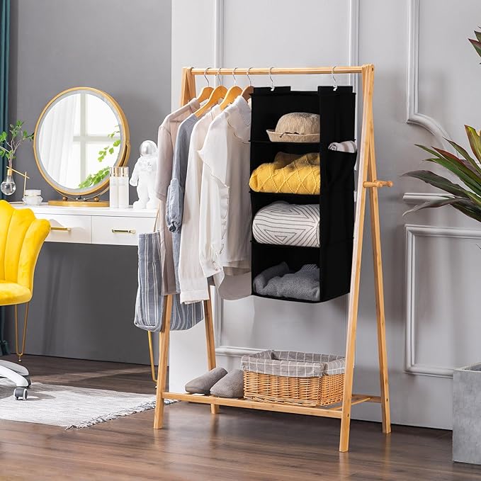 YOUDENOVA Hanging Closet Organizer, 4-Shelf Closet Hanging Storage Shelves, Black