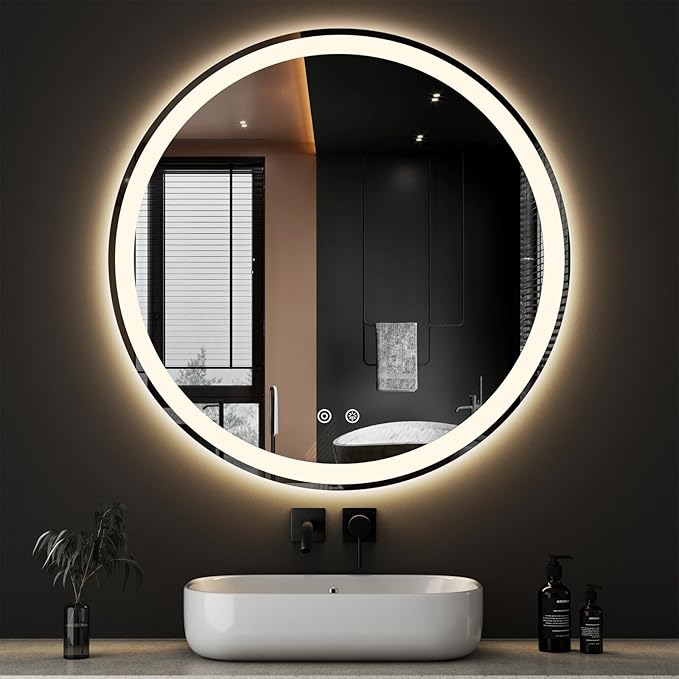 DUMOS 36 Inch Round LED Bathroom Mirror with Lights, Circle Vanity Mirror with Anti-Fog, Dimmable, 3-Color Light, Front Light and Backlit, Memory Function, Tempered Glass