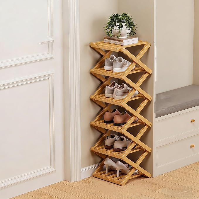 The 9-Tier No-Assembly Bamboo Rack, Foldable Space-Saving Organizer for Shoes, No Assembly Narrow Shoe Shelf for Entryway Closet Dorm (Yellow, 6)