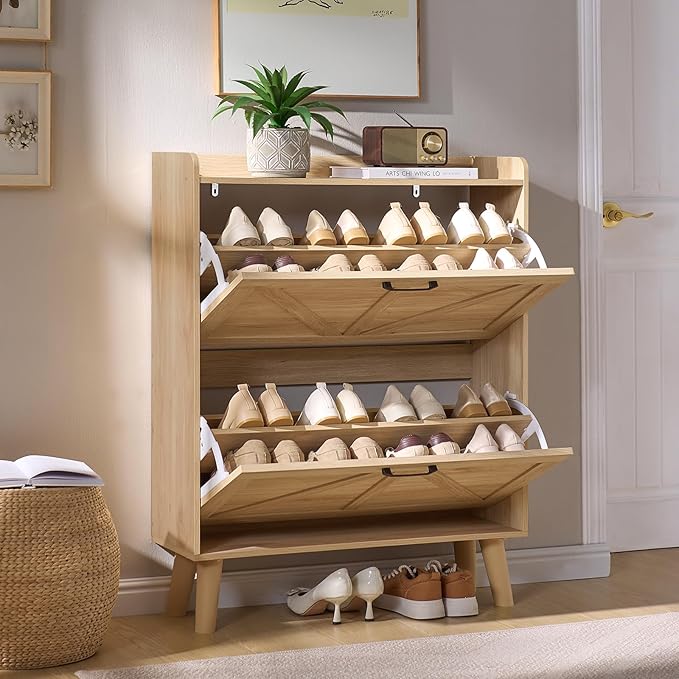 LEYAOYAO Shoe Storage Cabinet with 2 Flip Drawers，Narrow Shoe Storage Cabinet Organizer with Legs for Entryway Hallway, Living Room, Bedroom，Hidden Slim Storage Narrow Shoe Rack Cabinet,Natural