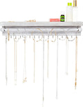 Rustic Necklace Jewelry Organizer - Gray White Wall Mount Jewelry Holder - Mounted Hanging Jewelry Storage Hooks for Necklace, Earrings, and Rings - Farmhouse Wood Decor Bedroom Boho Shelf Rack