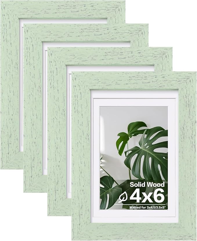 Egofine 4x6 Picture Frames Set of 4, Made of Solid Wood Covered by Plexiglass 3x4.5 and 3.5x5 with Mat or 4x6 without Mat, for Table Top Display and Wall Mounting Photo Frame, Rustic Green