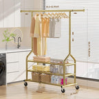 EAGMAK Heavy Duty Clothes Rack Load 688 LBS, Rolling Clothing Rack With 3 Shelves, Adjustable Metal Clothes Hanger with Wheels Portable Wardrobe Organizer Garment Rod for Hanging Clothes (Gold)